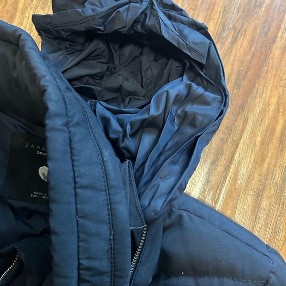 Zara Women’s Size Large Insulated Down Jacket Dark Blue With Packable Hood - Picture 6 of 11